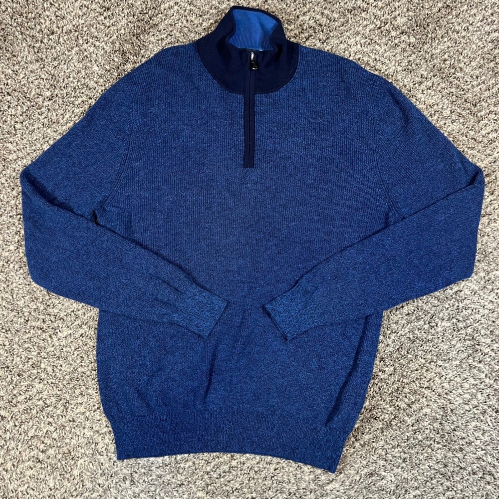 Zachary Prell Mens Large Blue Wool Silk Blend Quarter Zip Pullover Sweater